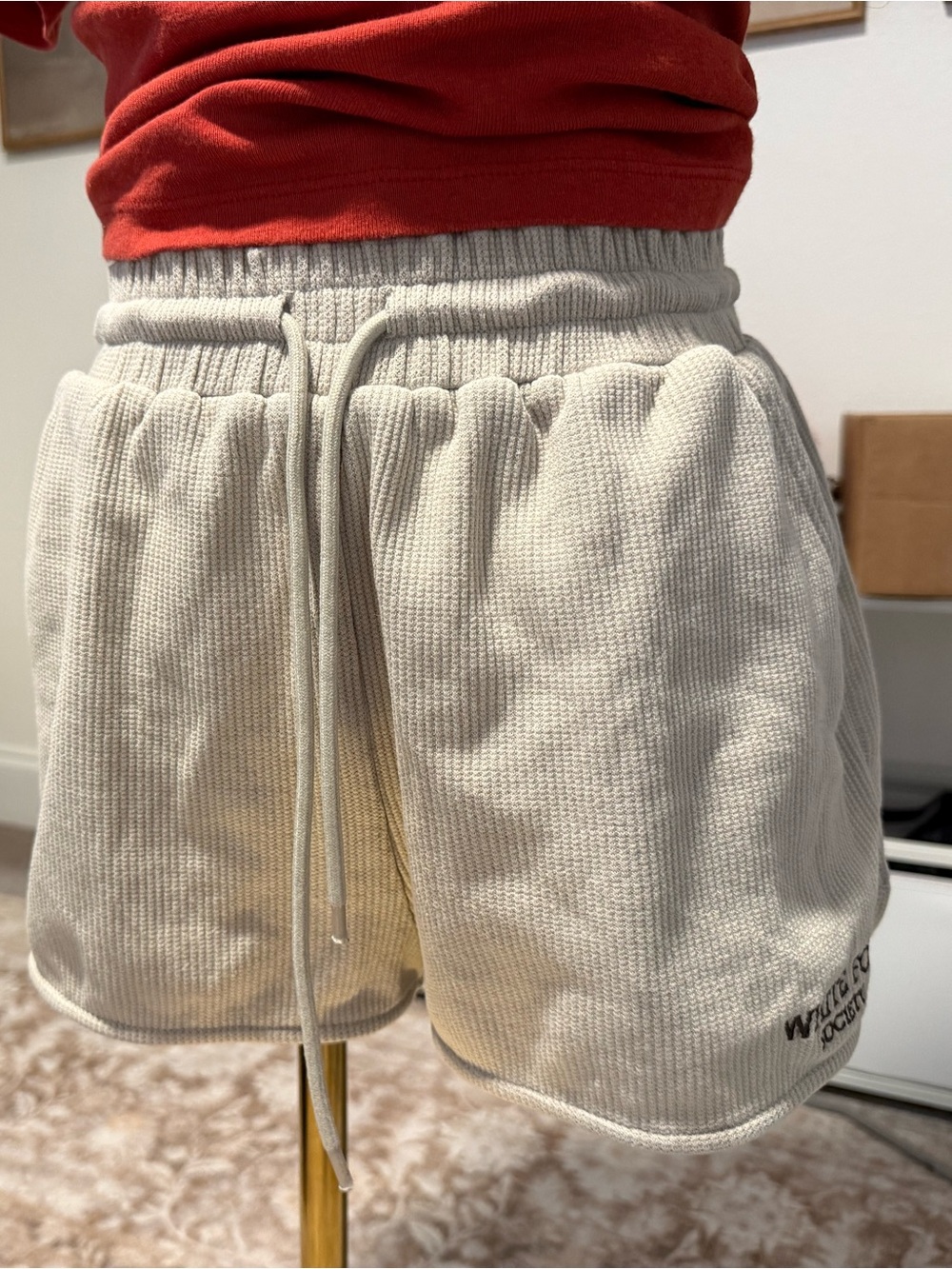White Fox Boutique Waffle Knit Lounge Shorts S Oatmeal Grey Embroidered